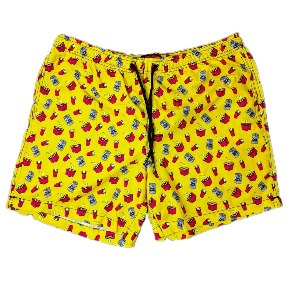 Party Sharks men’s XL red and yellow swimm trunks shorts